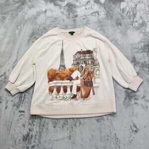 Love & Lace Sweater Women XL Tan Crew Neck 3/4 Sleeve Paris Sequins Eiffel Tower